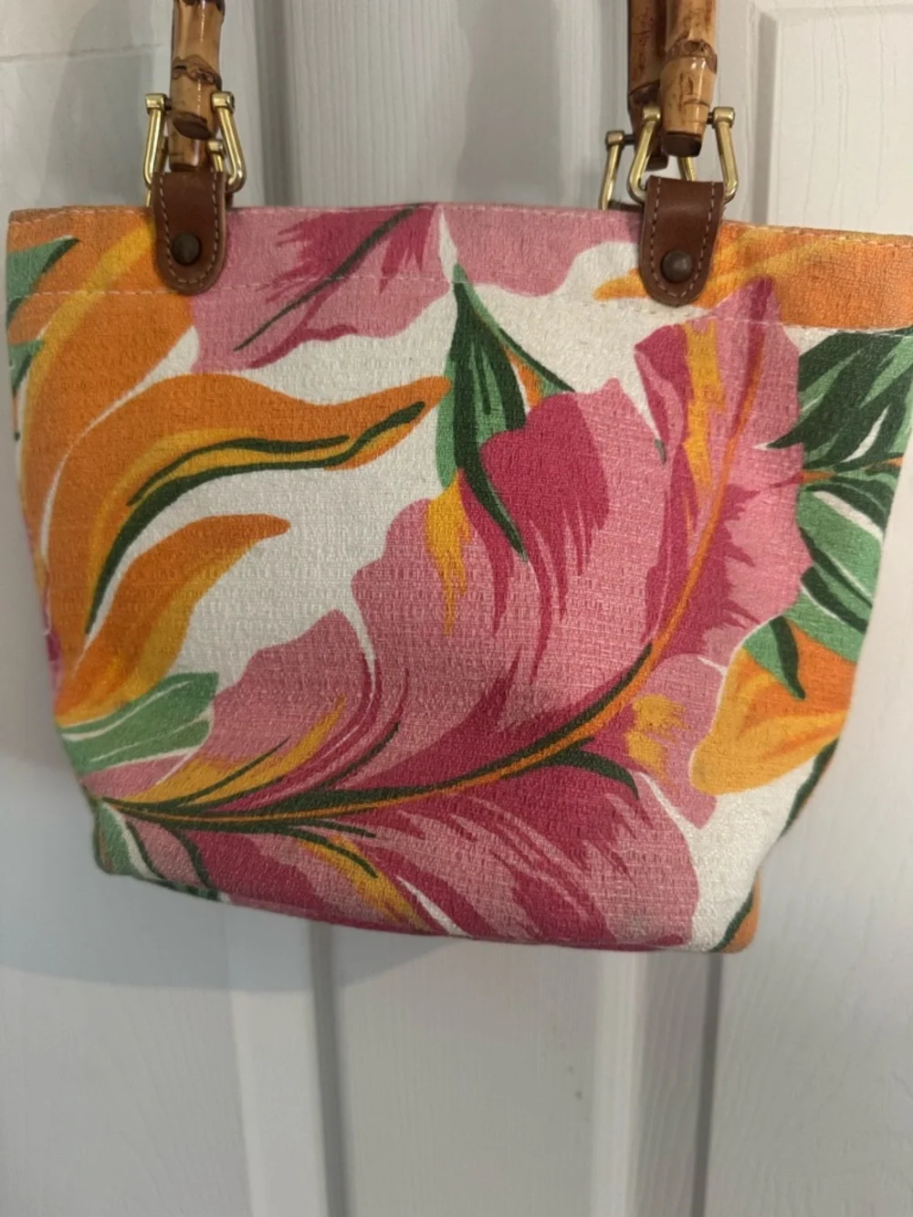 Tropical Floral Canvas Tote with Bamboo Handles - Pink & Orange - Picture 2 of 8